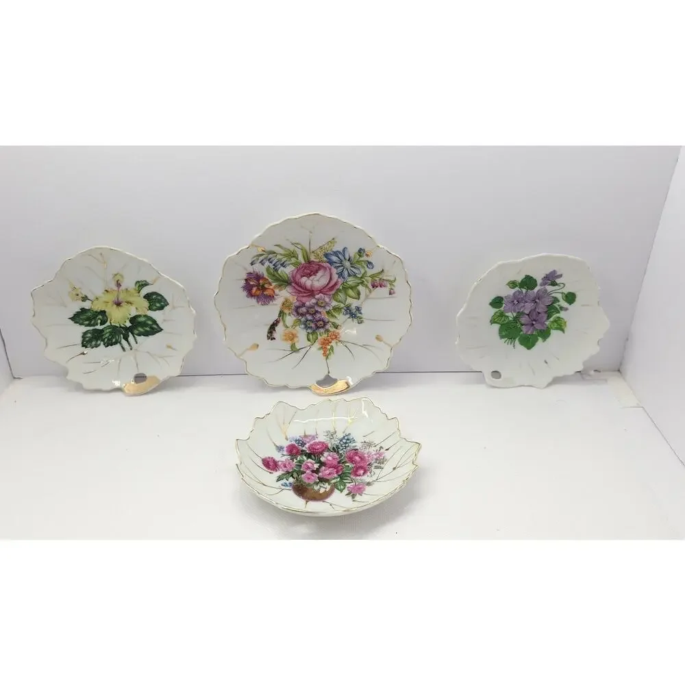 Vintage NASCO Japan Leaf Shaped Trinket Dishes Floral Gold Trim Set of 4